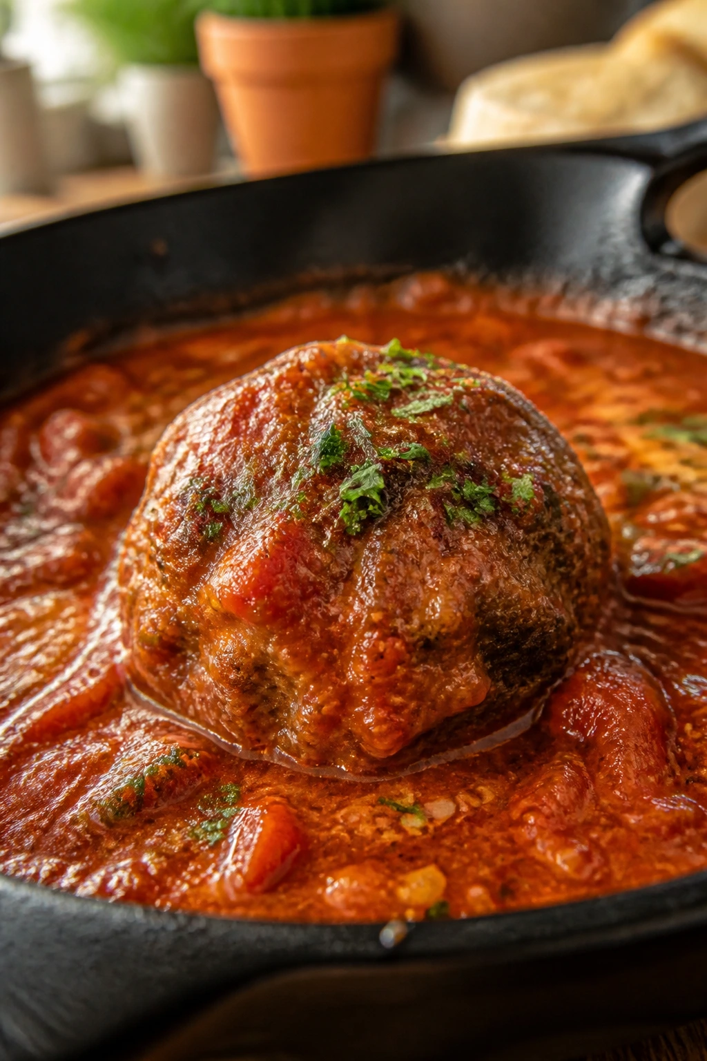Close-up of a tender meatball in sauce in a skillet