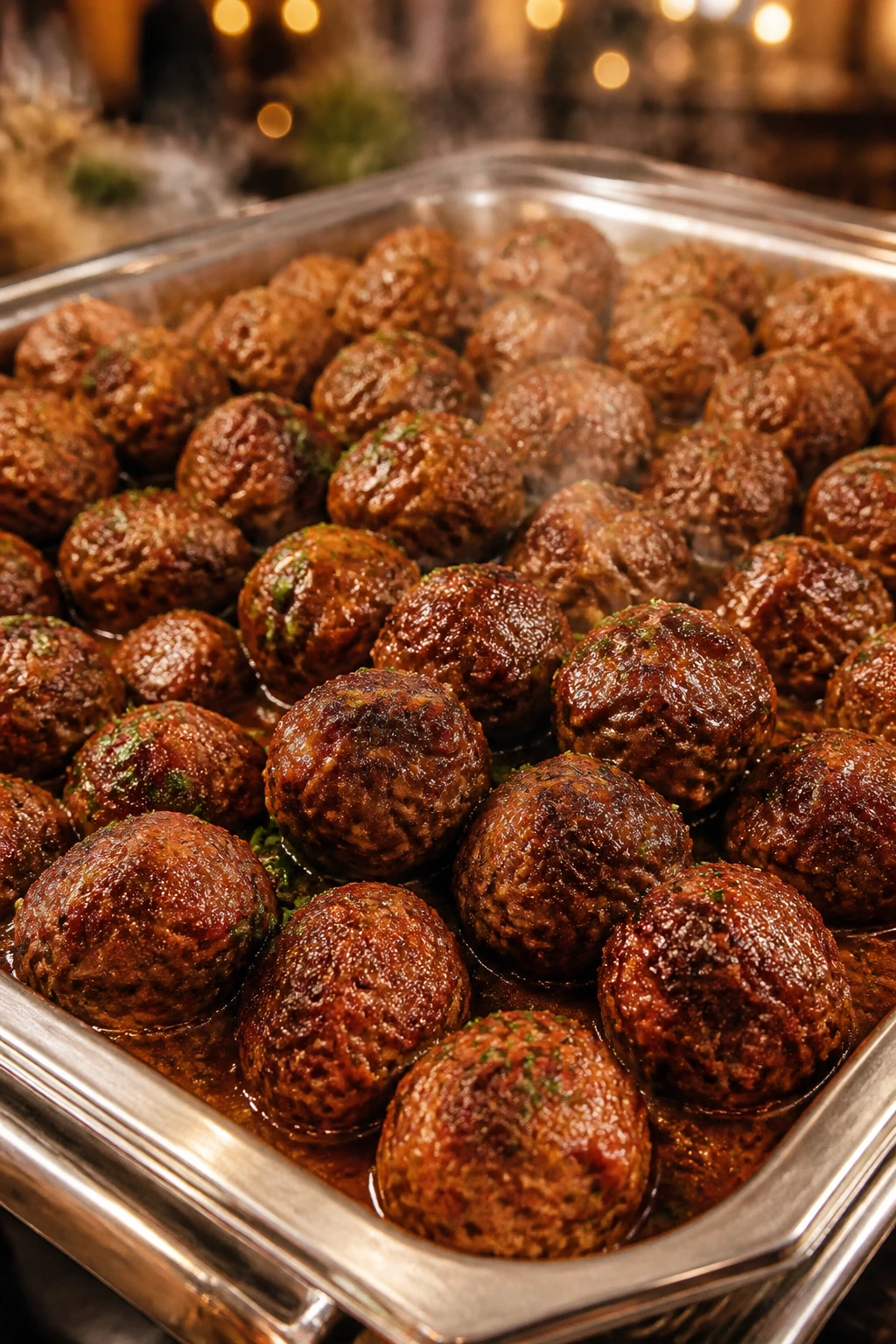 Large tray of meatballs on a buffet table