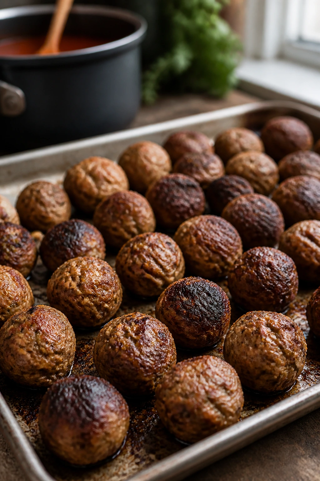 Meatballs with varied browning on a baking sheet in a kitchen