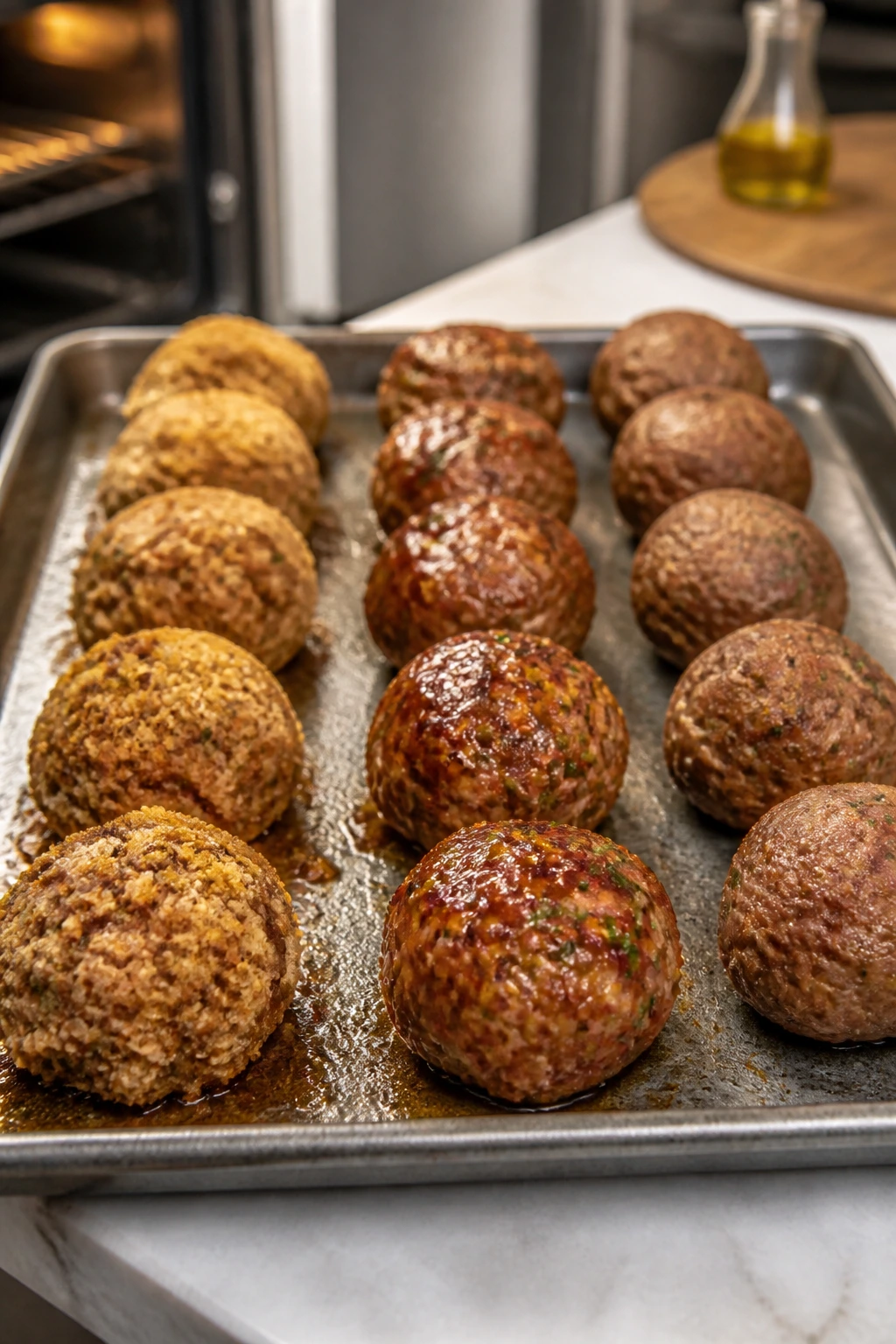 Meatballs on a baking sheet showing texture variations for gluten-free and dairy-free adaptations.