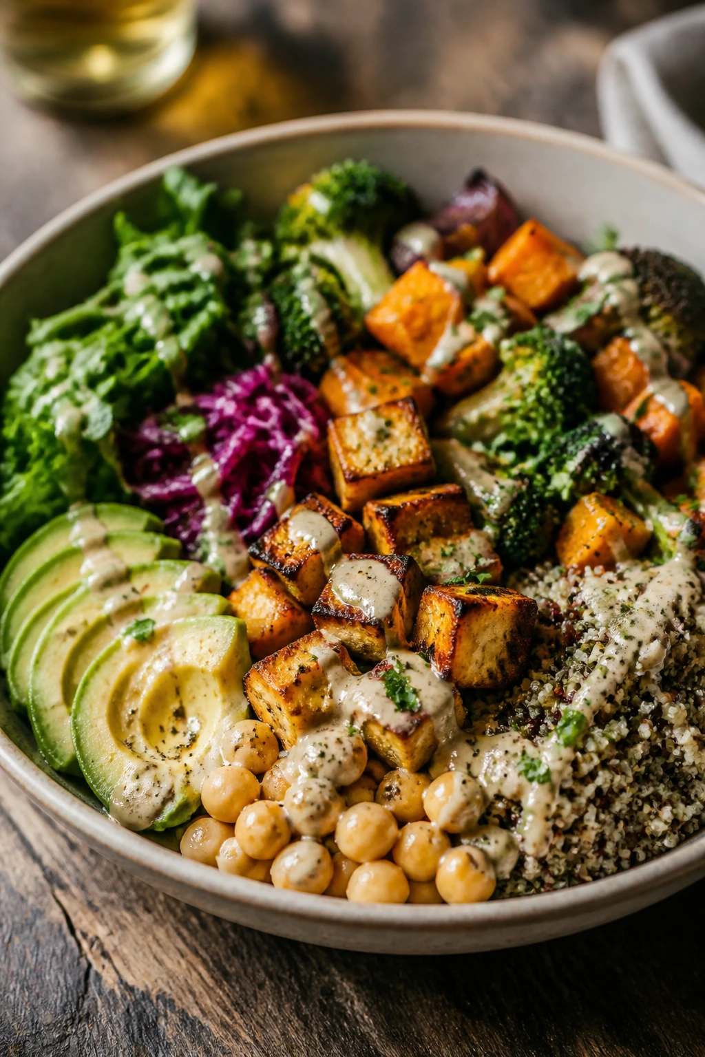 Vibrant meatless bowl with beans and grains on a rustic table