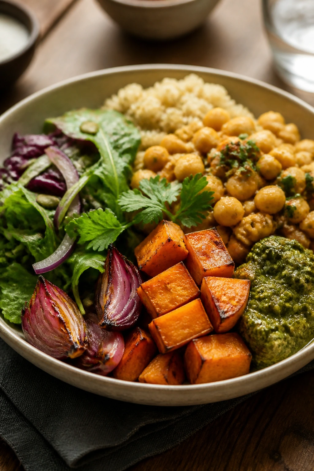 Plate of hearty meatless dinner with vegetables and grains