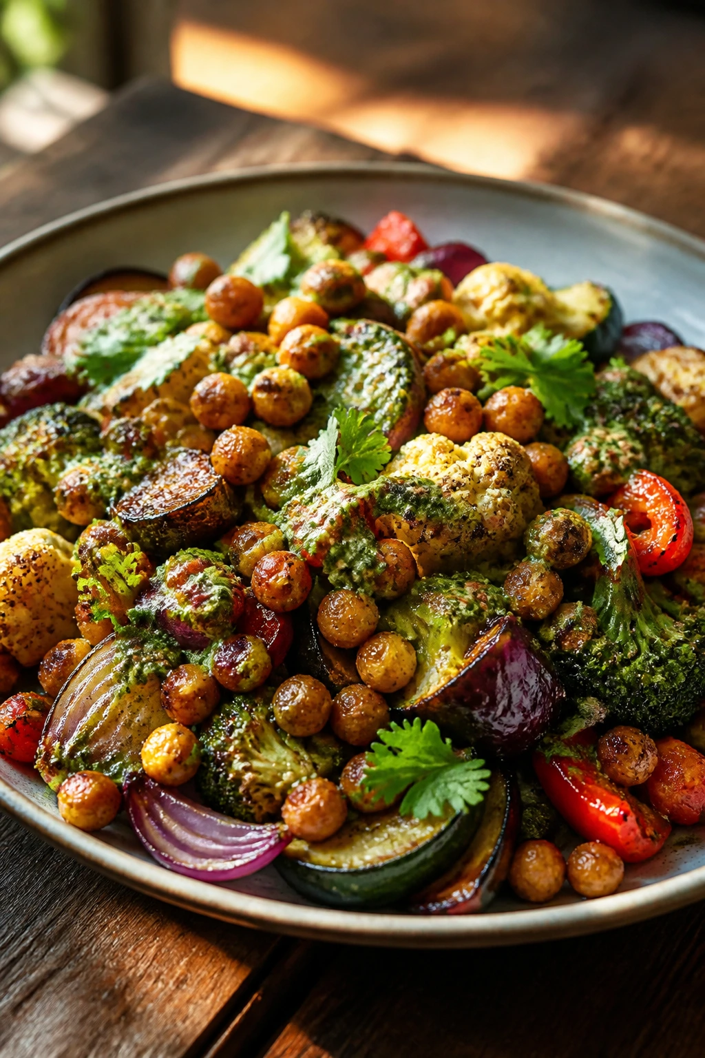 Close-up vegetarian main plate with chickpeas and roasted vegetables embodying meatless dinner truce