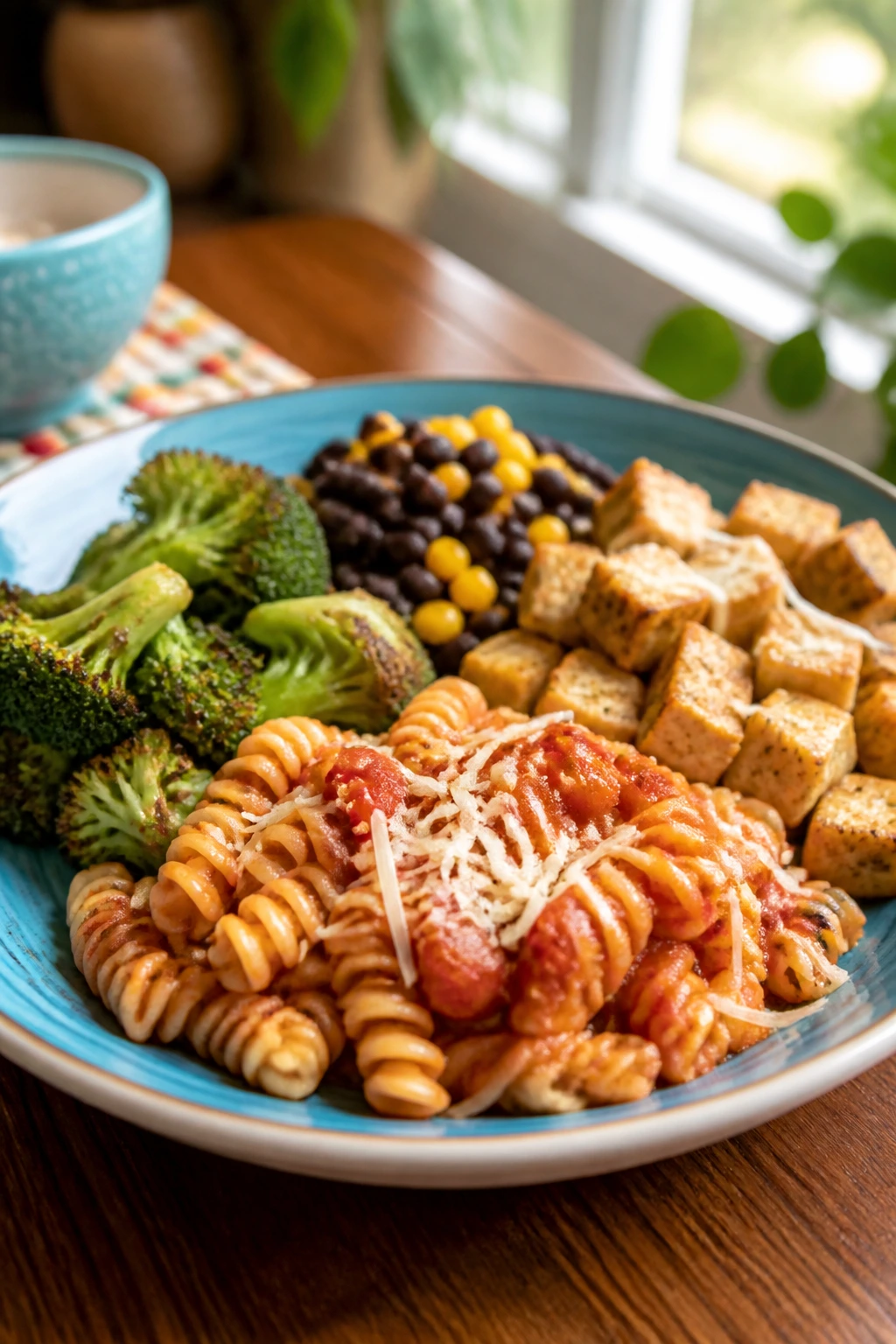 Balanced meatless dinner plate with pasta and vegetables