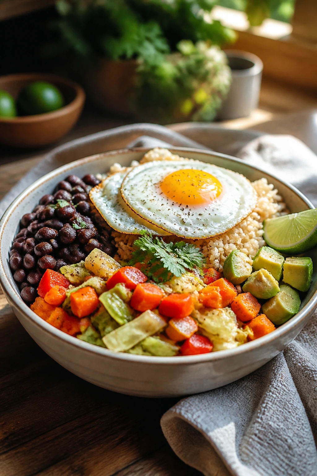 Close-up of a meatless, gluten-free filling bowl with beans, rice, vegetables, and a fried egg on a wooden counter