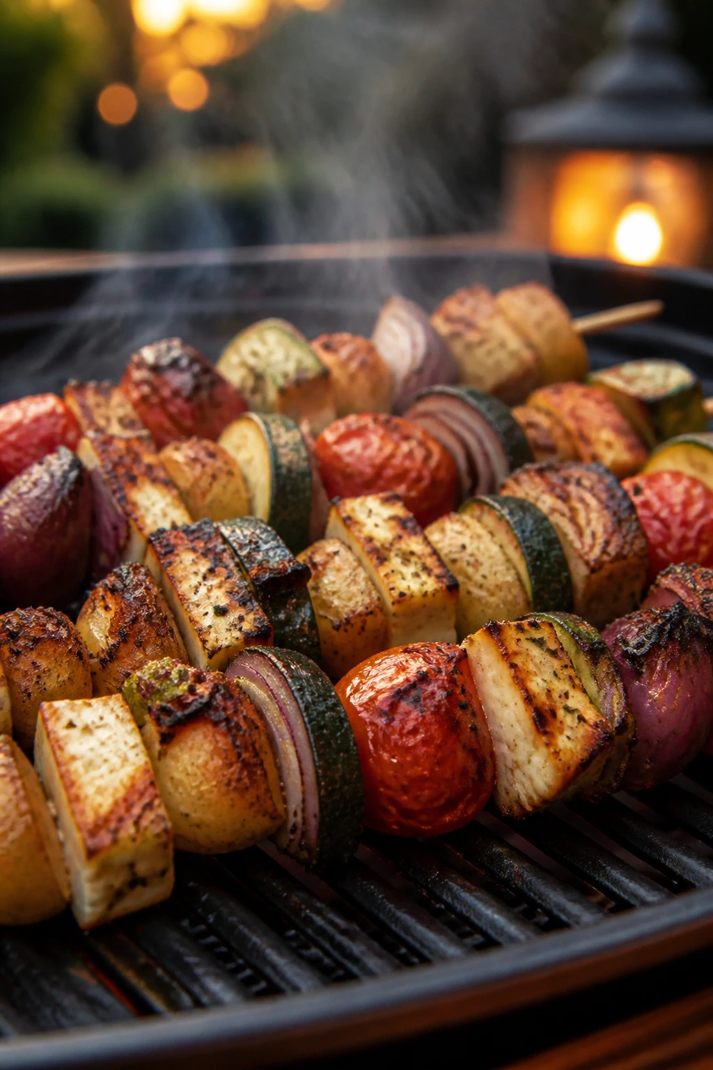 Close-up of meatless kebabs on skewers cooking on a grill