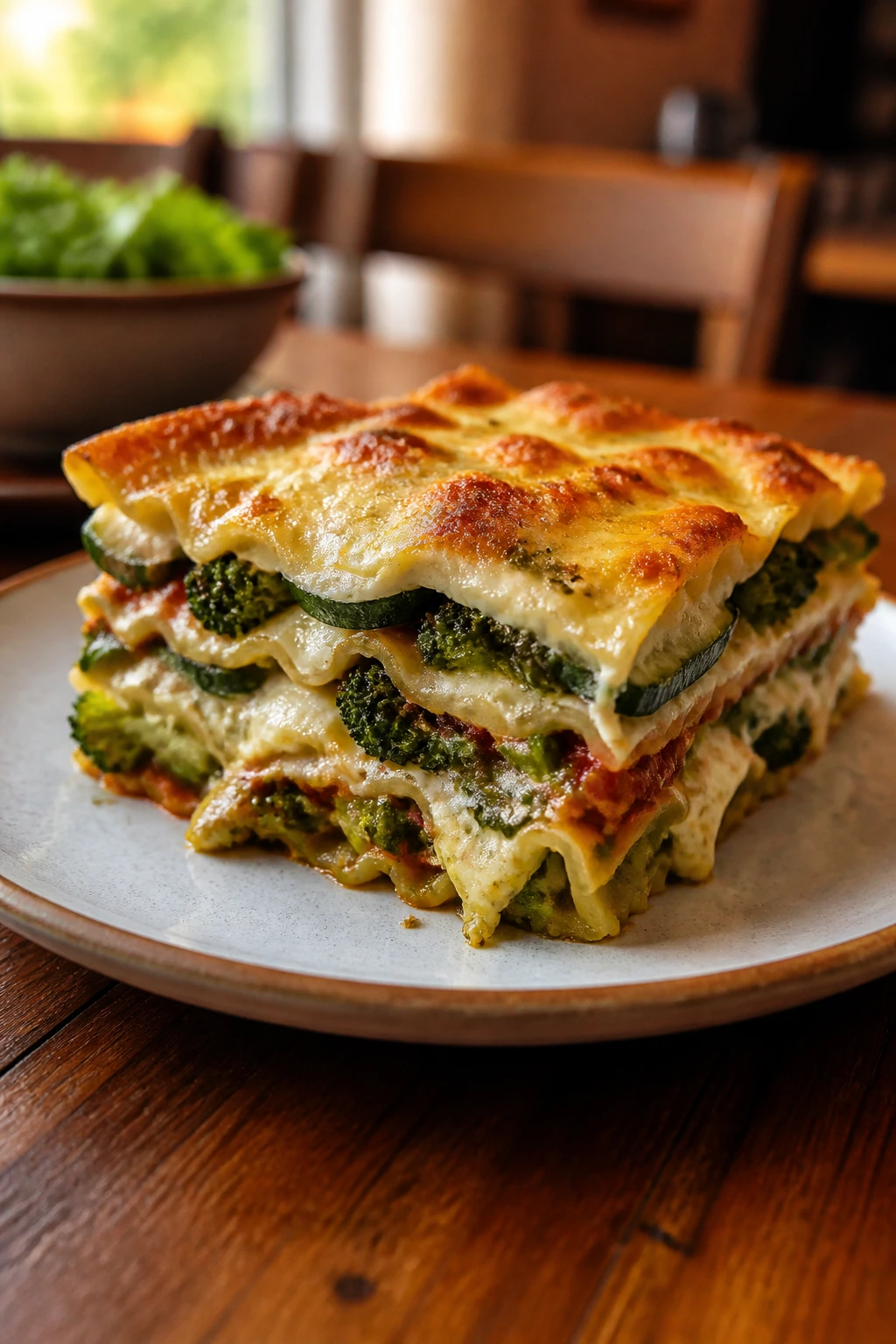 Colorful meatless lasagna slice with cheese on a plate