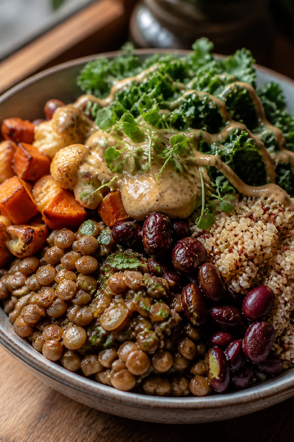 Close-up of a vibrant meatless meals bowl with lentils, beans and greens.