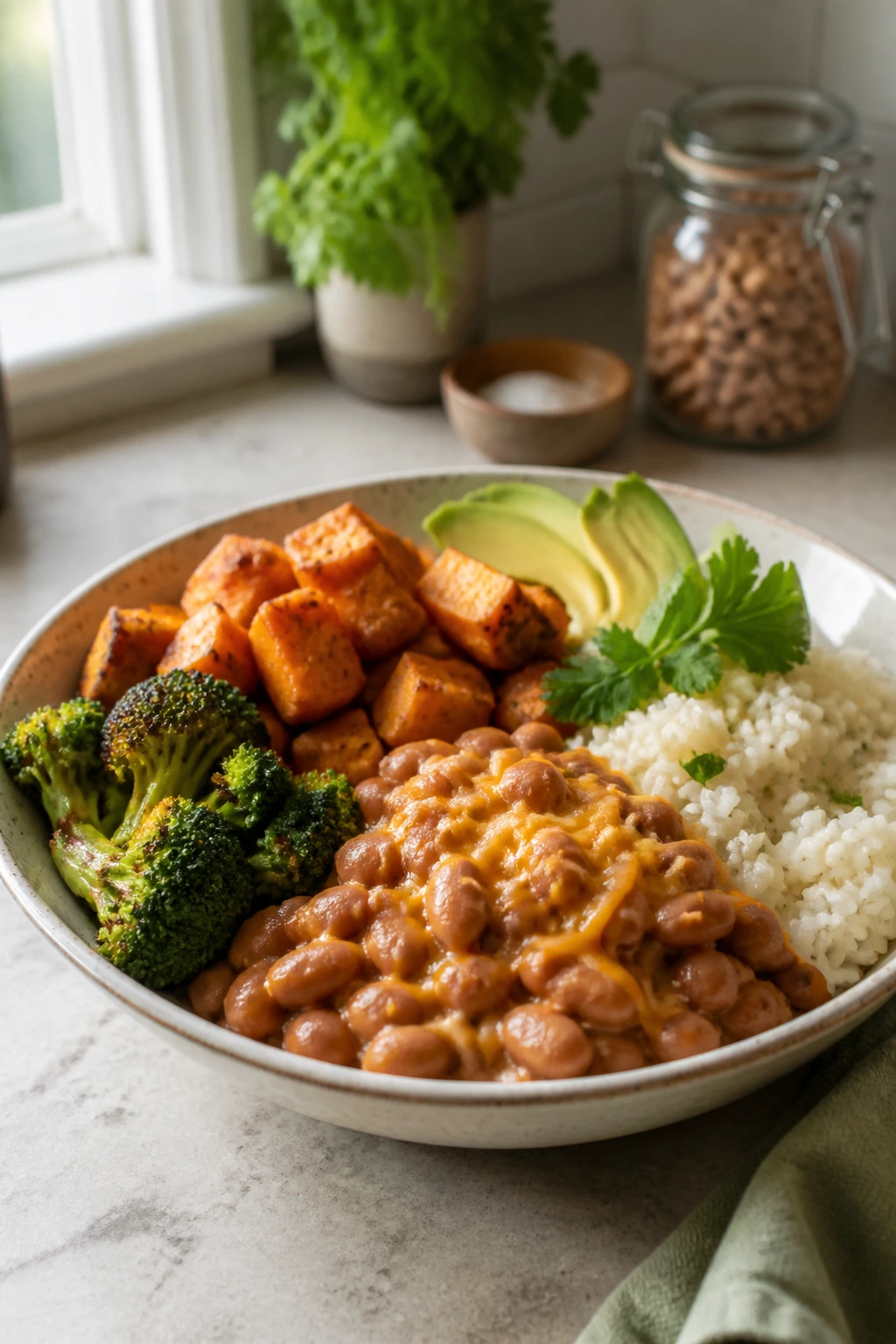 Hearty meatless plate showing starch and protein to keep kids full