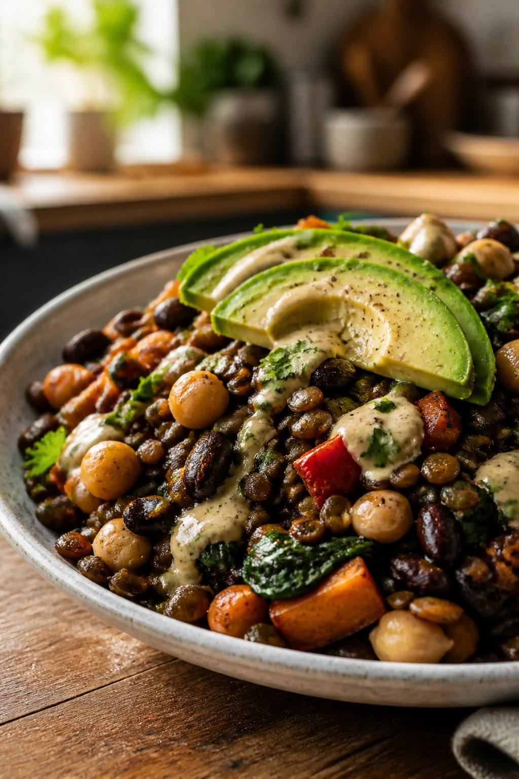 Close-up of a hearty meatless dinner plate featuring beans and lentils as protein.