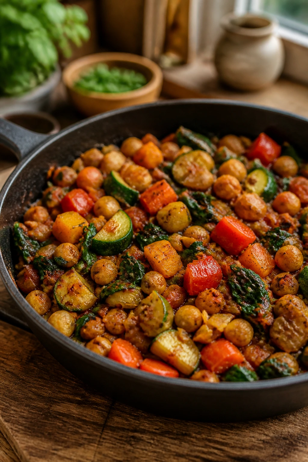 Close-up of a hearty meatless skillet dish with beans and vegetables in a home kitchen
