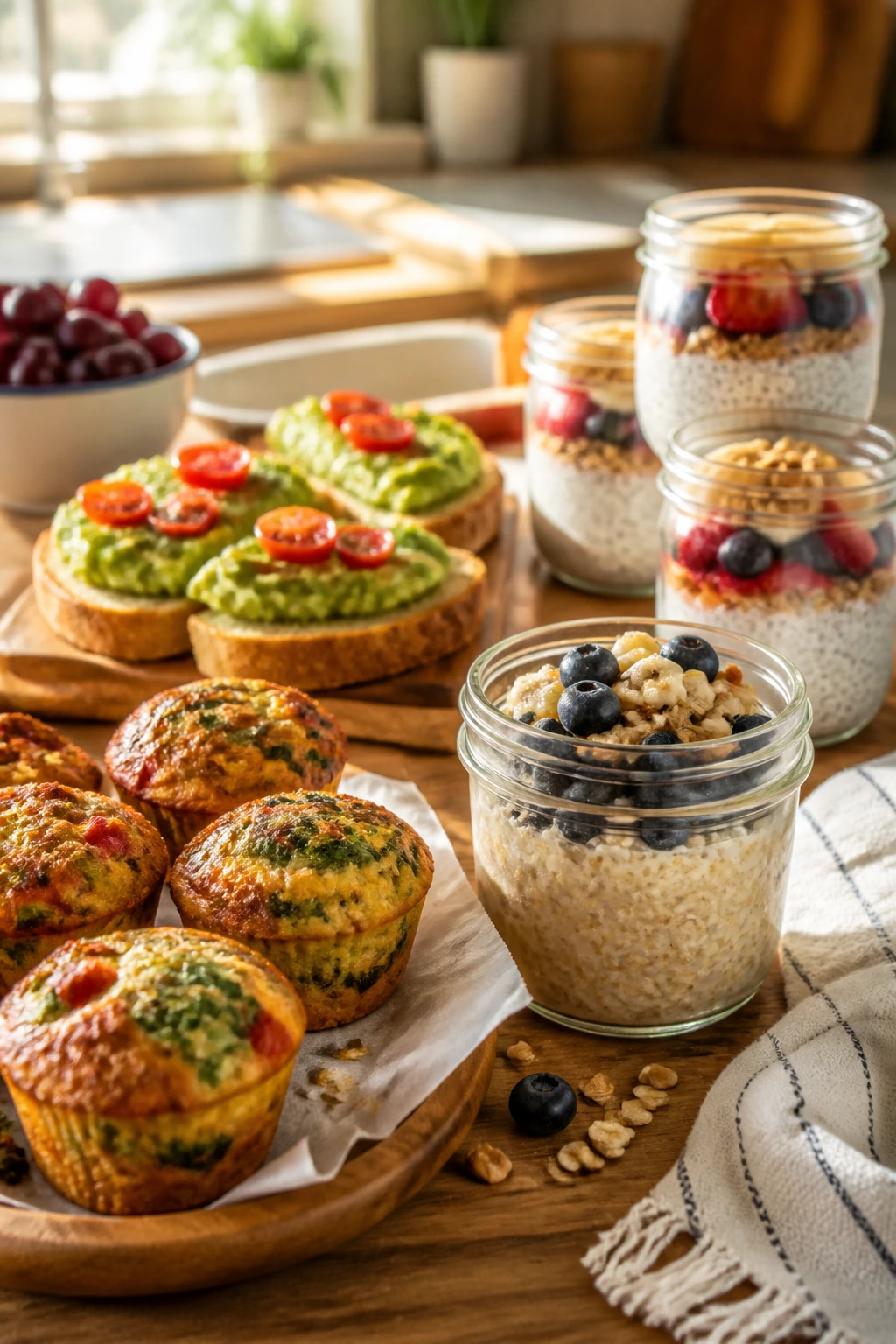 Meatless breakfast spread on sunny kitchen counter with kid-friendly morning items