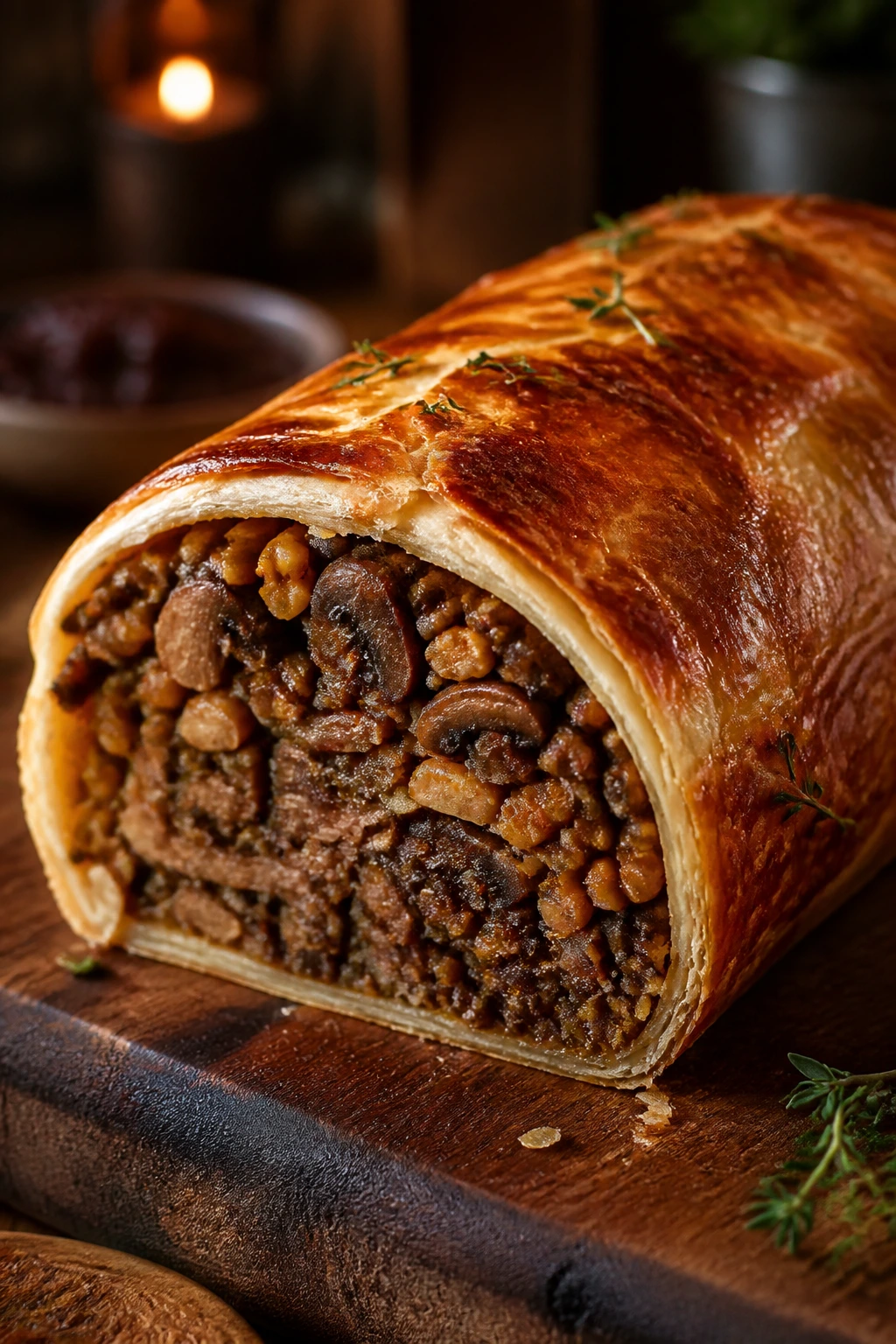 Roasted vegetarian Wellington cross-section with mushroom and lentil filling on wood board