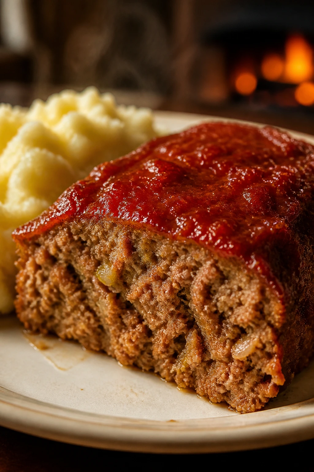Moist meatloaf slice with ketchup glaze on plate