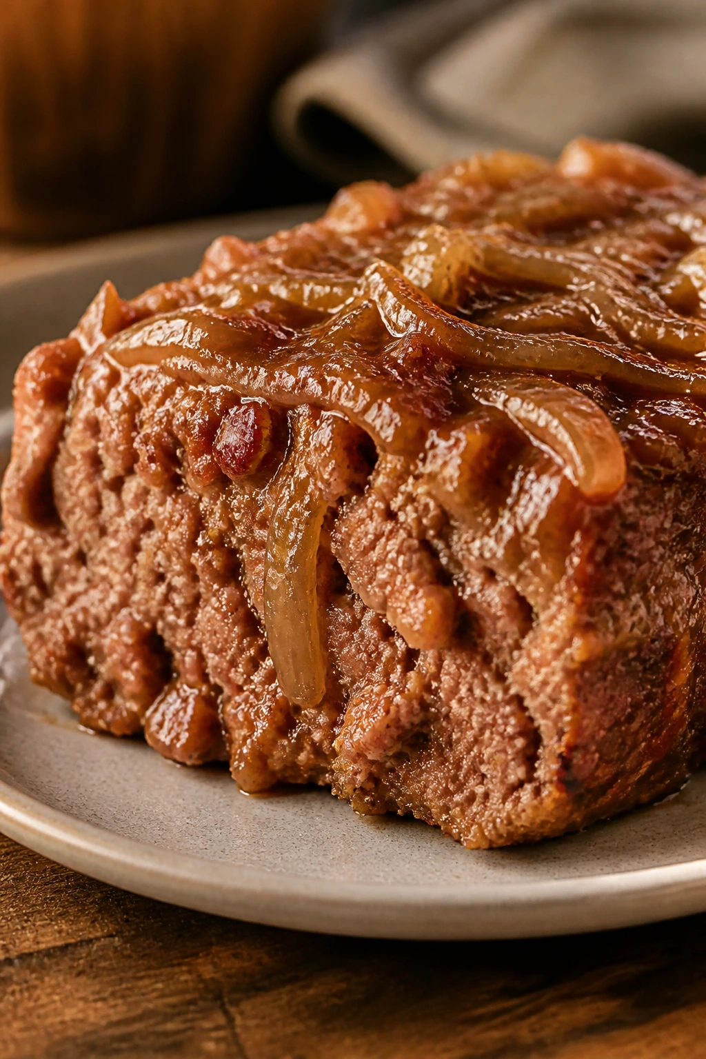 Close-up of meatloaf slice with onion glaze on plate.