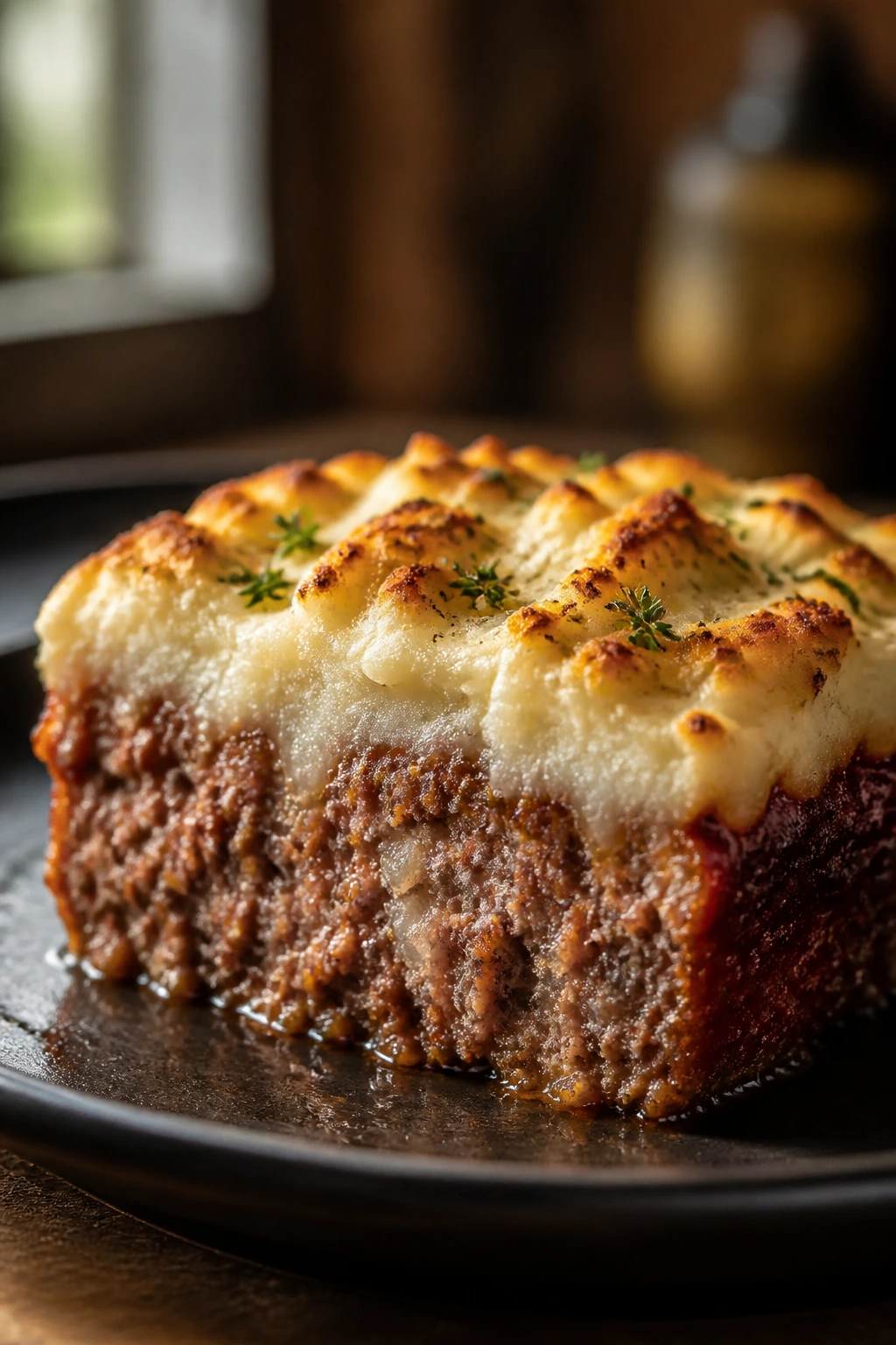 Close-up of meatloaf slice with garlic mashed potato topping on a plate