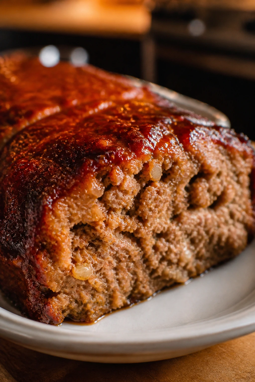 Slice of meatloaf with glossy brown sugar glaze on plate.