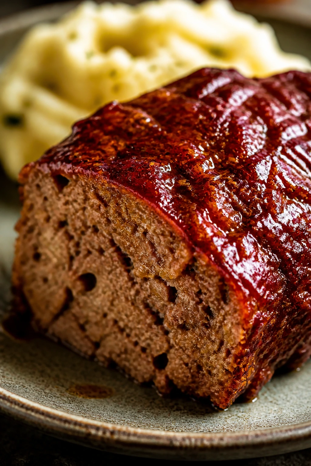 Thick slice of meatloaf with glossy brown sugar glaze on a rustic plate