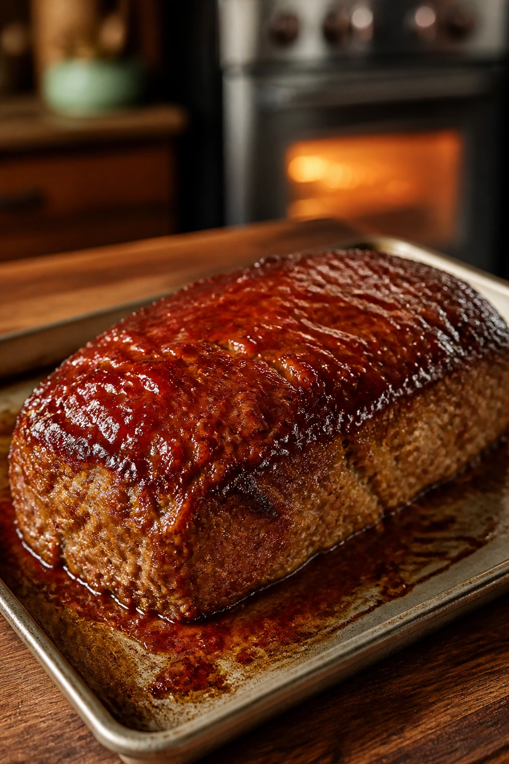 Close-up of classic meatloaf with glossy brown sugar glaze on a sheet pan.