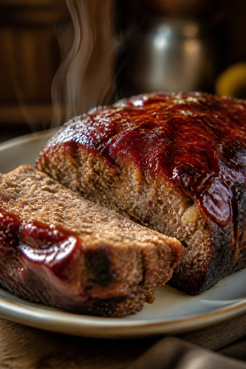 Close-up of glazed meatloaf slices on a plate in a warm kitchen