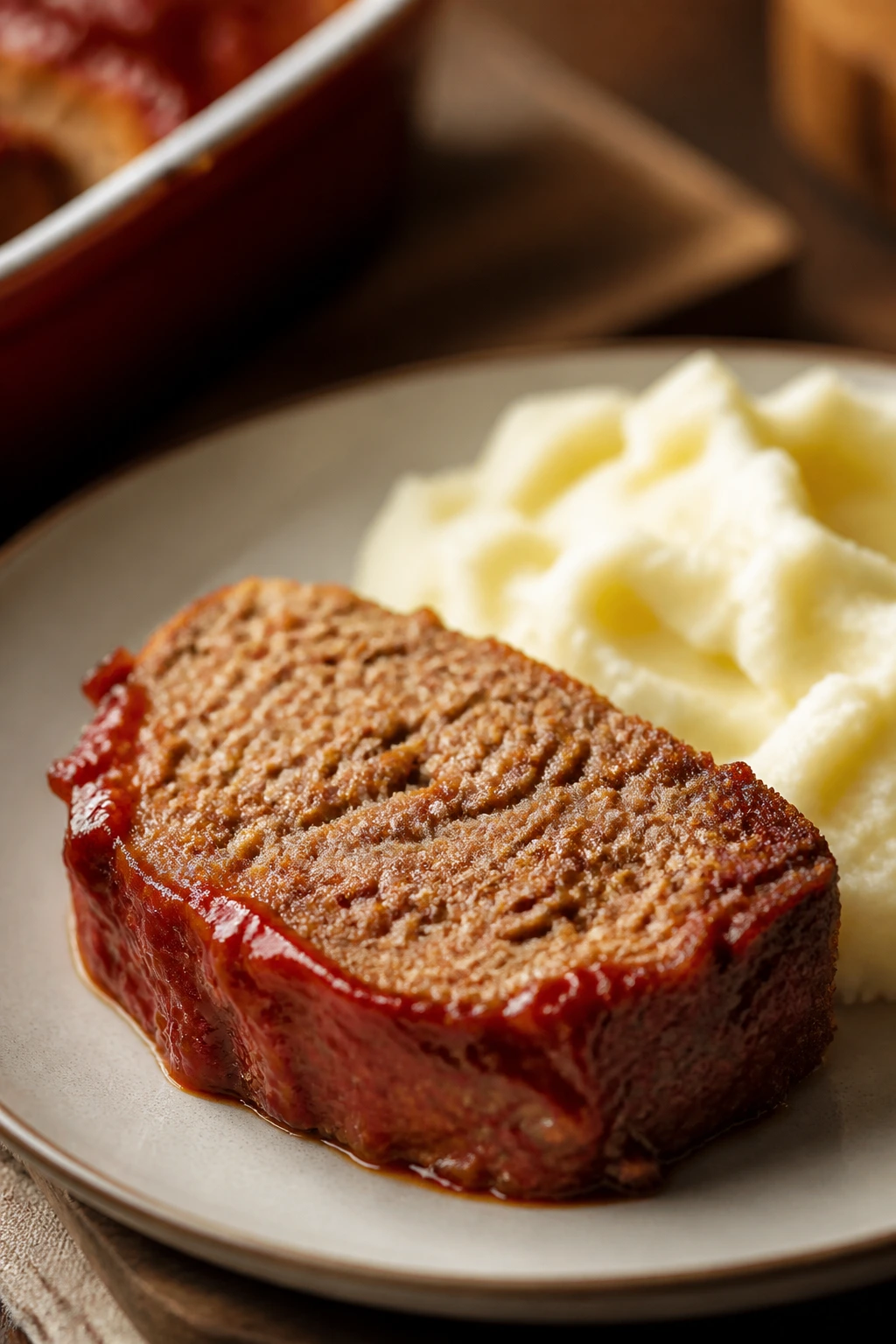 Close-up of juicy meatloaf slice with mashed potatoes
