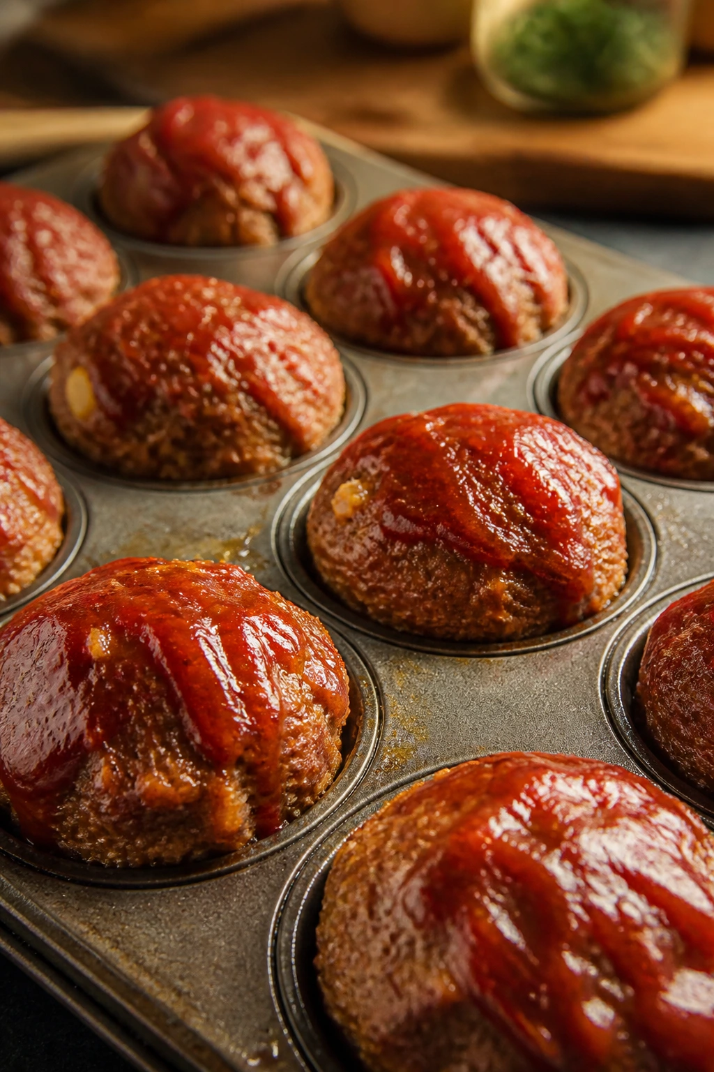 Meatloaf muffins with glazed tops in a muffin tin