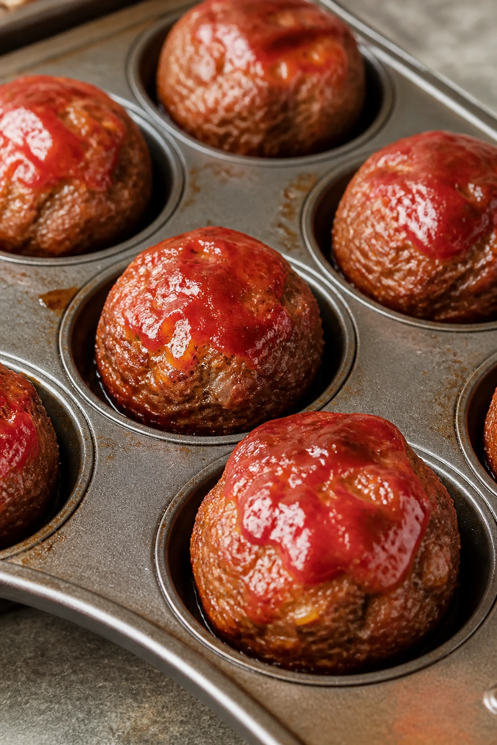 Mini meatloaf muffins with glaze in a muffin tin.