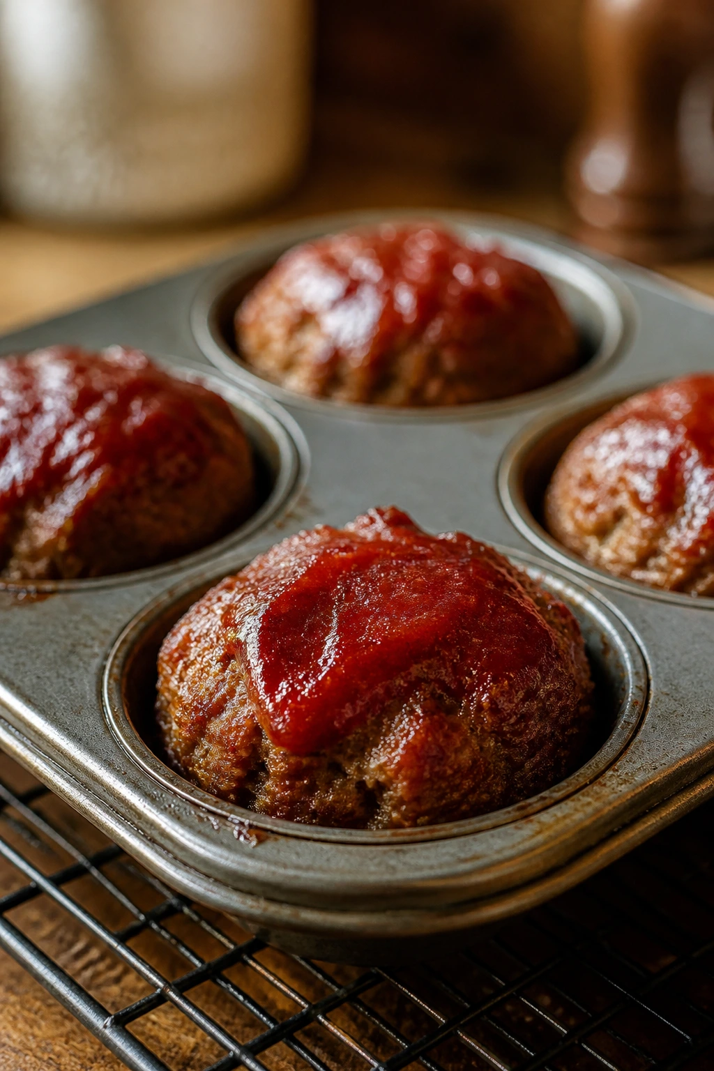 Close-up of mini meatloaf muffins with ketchup glaze.