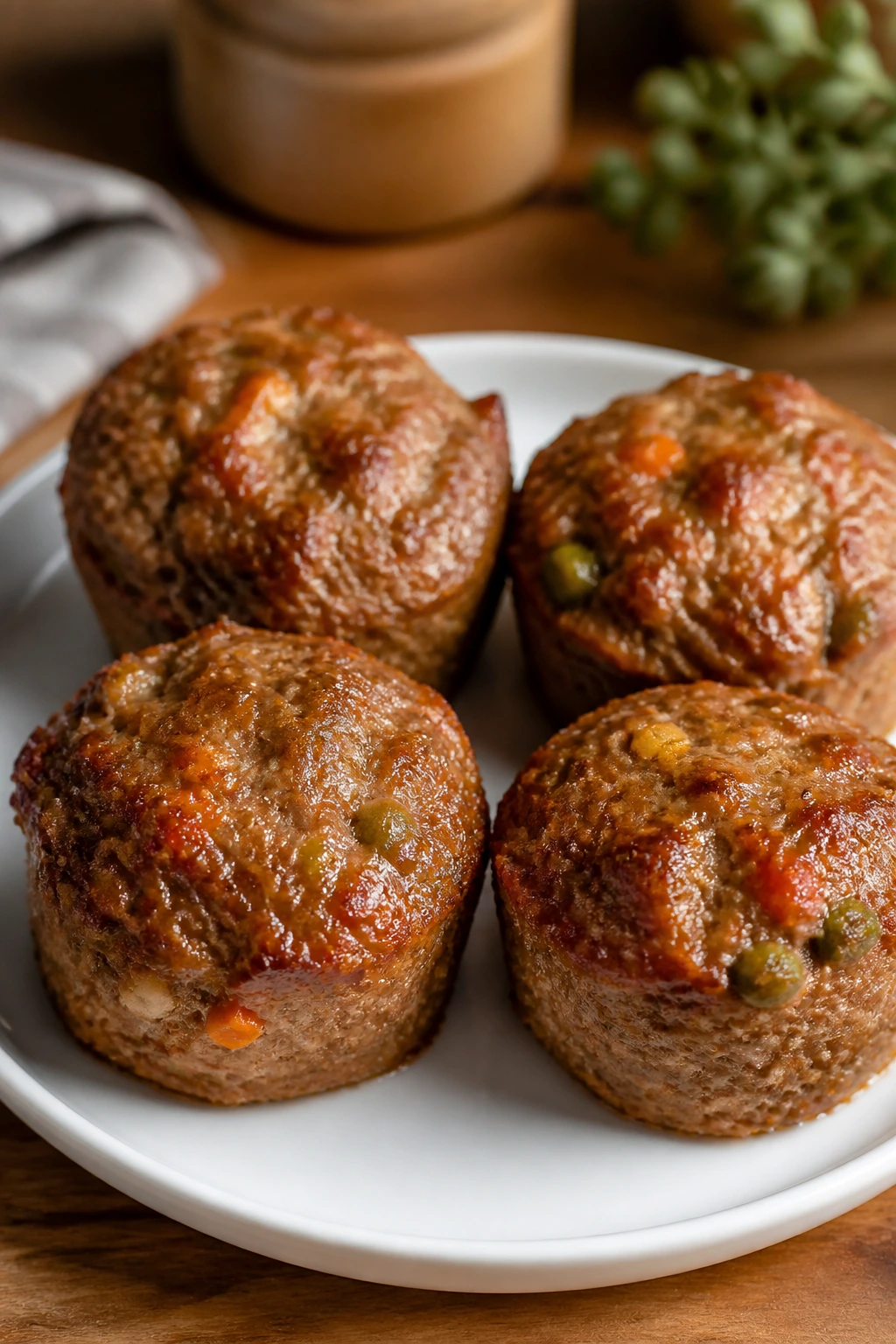 Four mini beef and veggie meatloaf muffins on a plate.