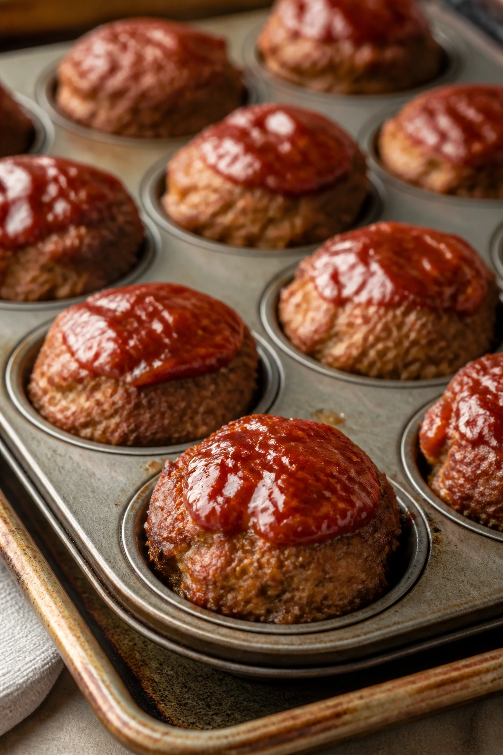 Glazed mini meatloaf muffins in a muffin tin.