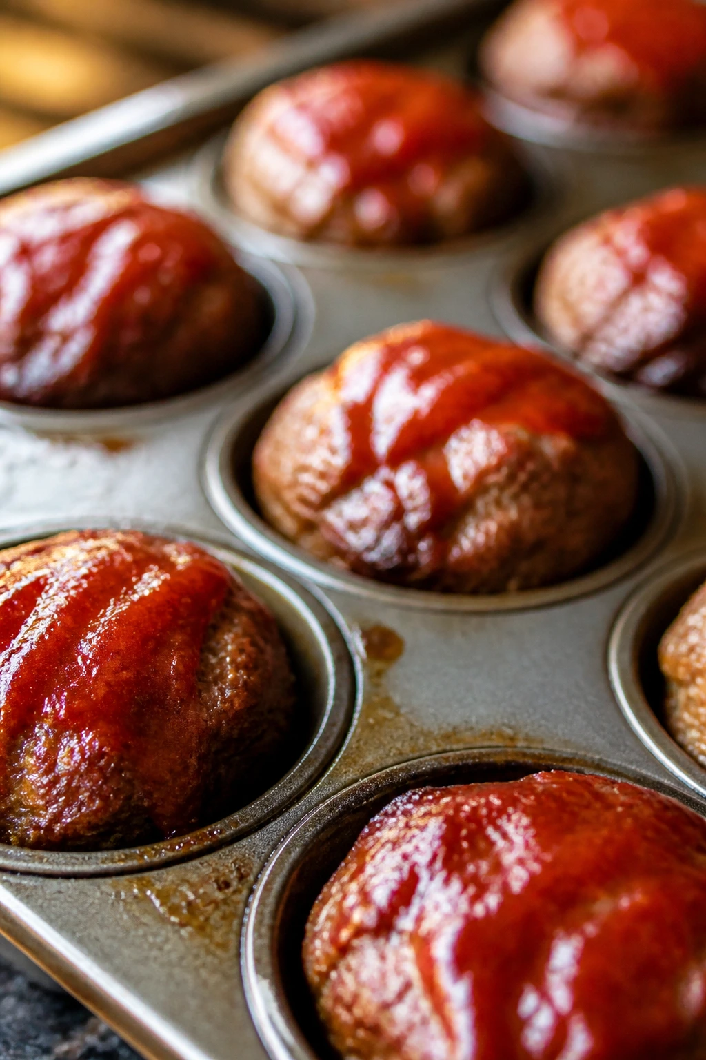Close-up of meatloaf muffins with glaze in muffin tin