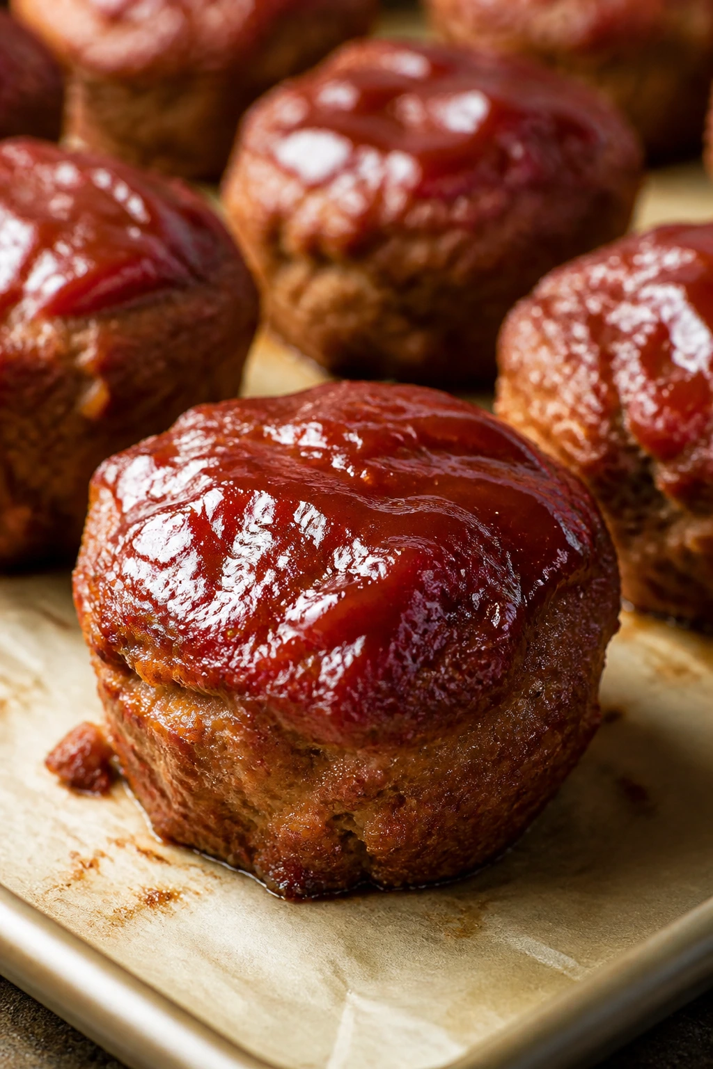 Mini meatloaf muffins with glaze on a baking sheet
