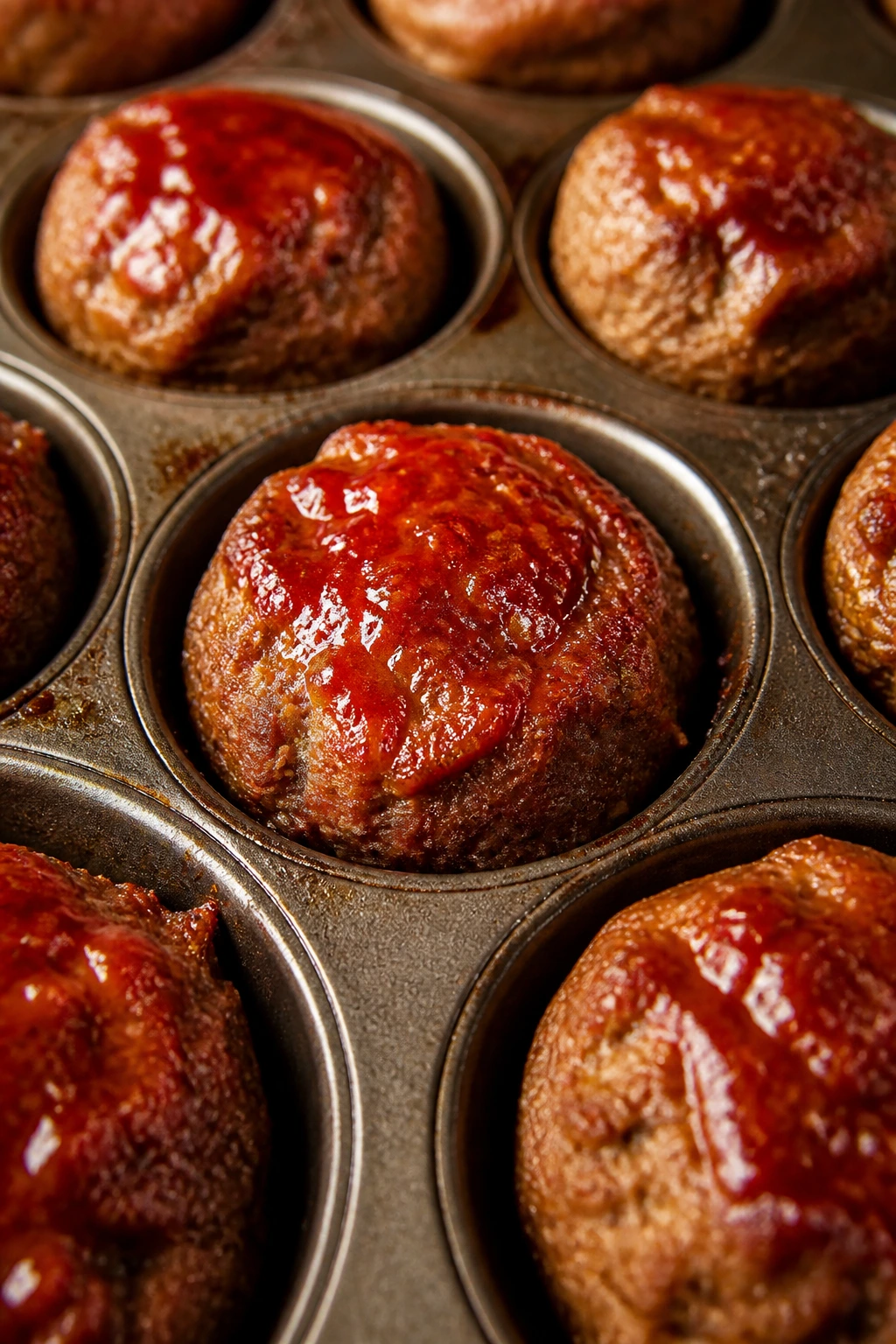 Mini meatloaf muffins with glossy ketchup glaze.
