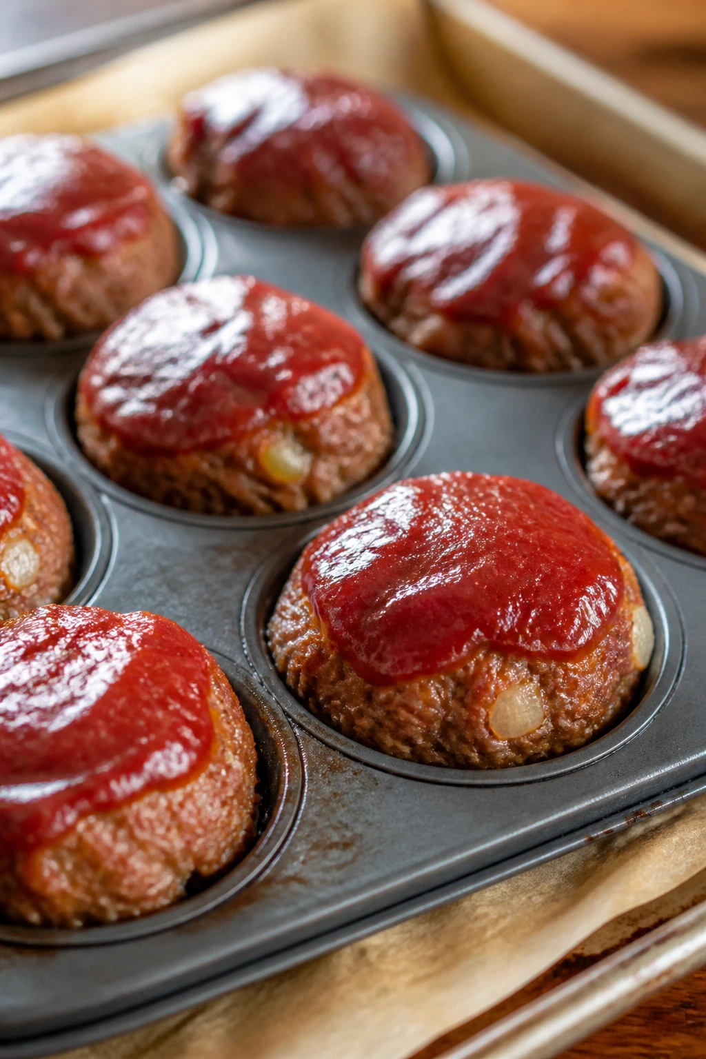 Close-up of meatloaf muffins with ketchup glaze in muffin tin on a warm kitchen counter