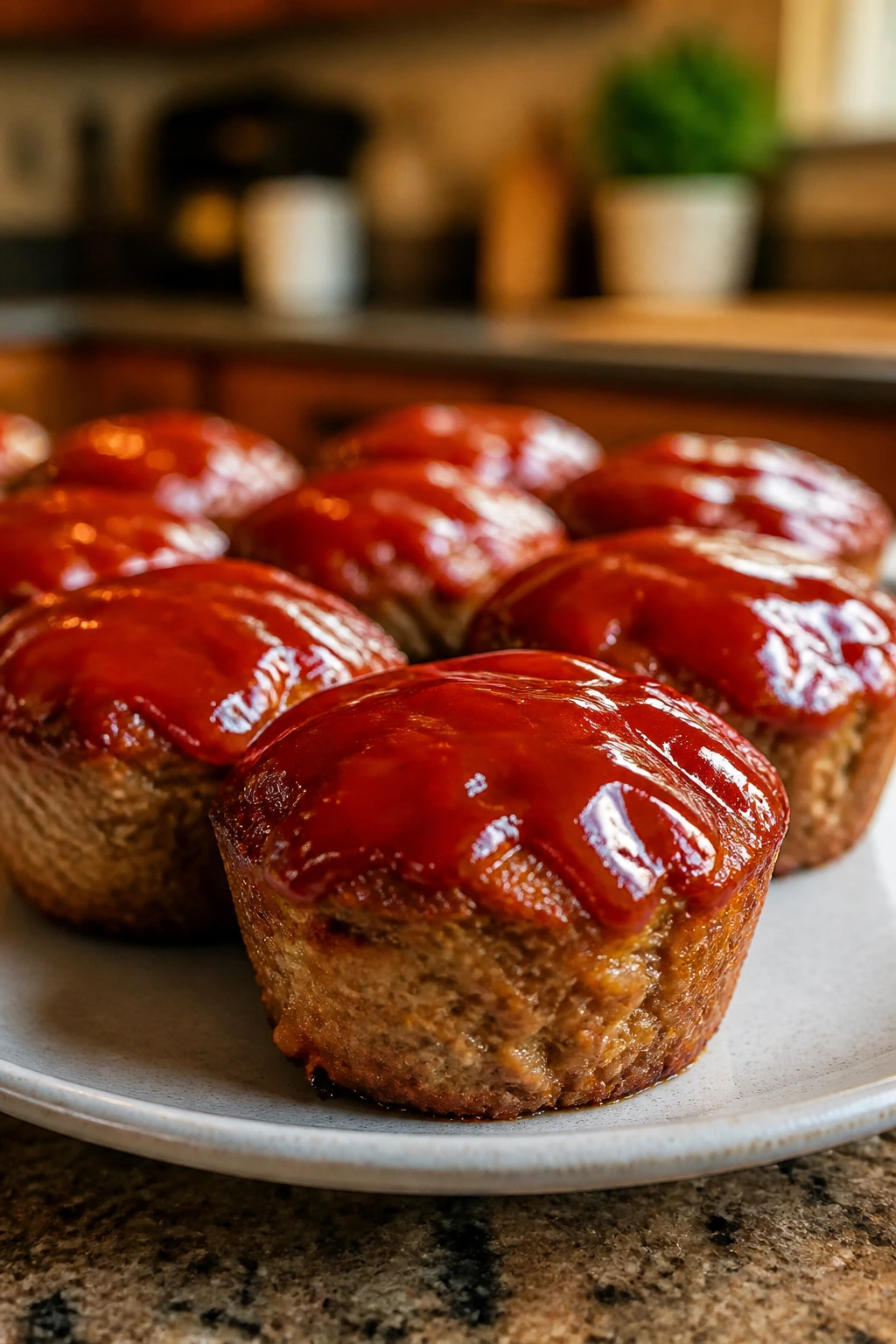 Close-up of mini meatloaf muffins with ketchup glaze on a plate