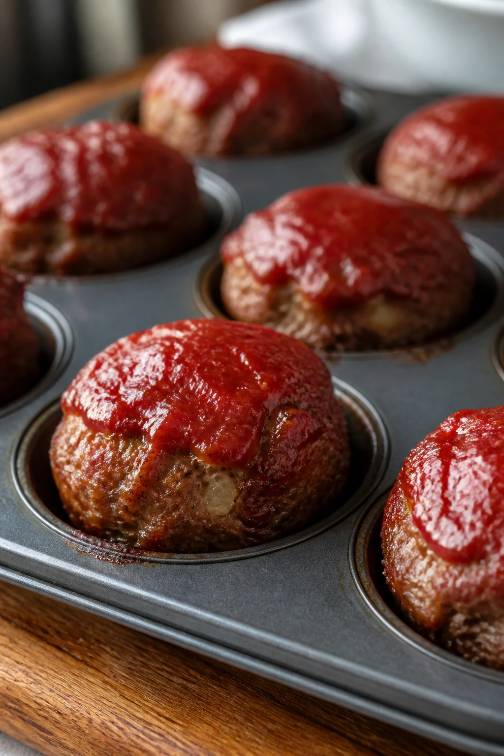 Close-up of meatloaf muffins with ketchup glaze in muffin tin
