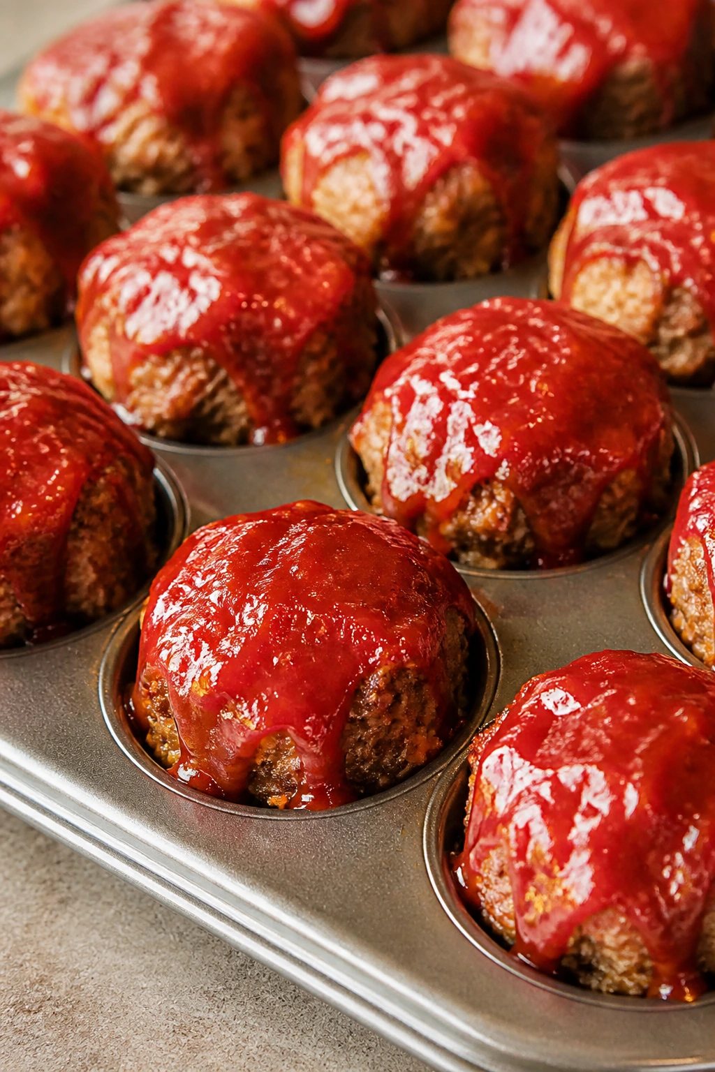 Close-up of meatloaf muffins with ketchup glaze on a baking tray.