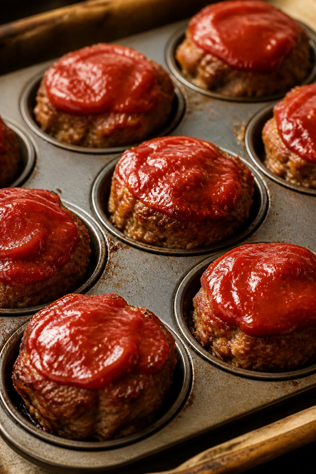 Close-up of mini meatloaf muffins with ketchup glaze in muffin tin
