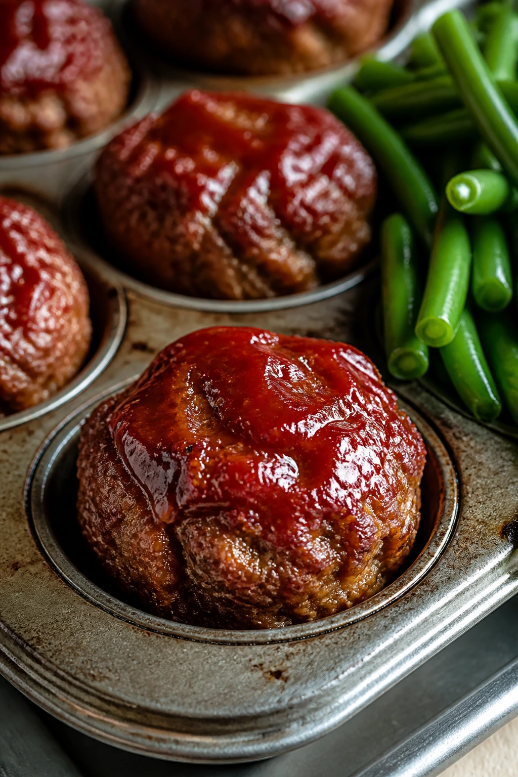 Close-up of meatloaf muffins in muffin tin with green beans