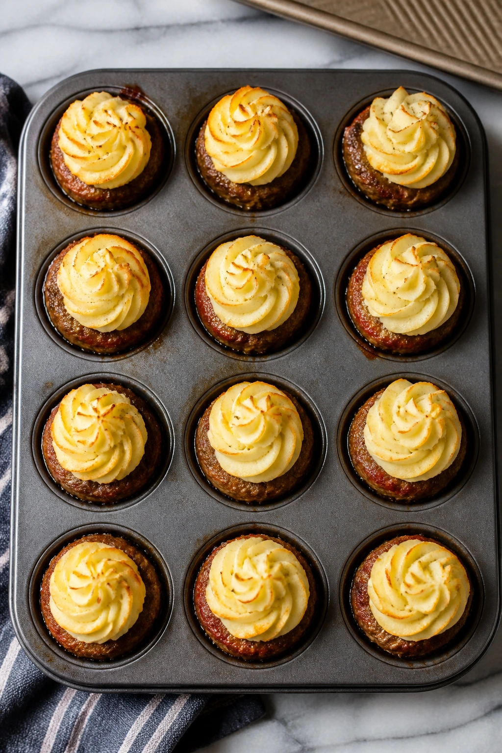 Mini meatloaf muffins with mashed potato swirls top view