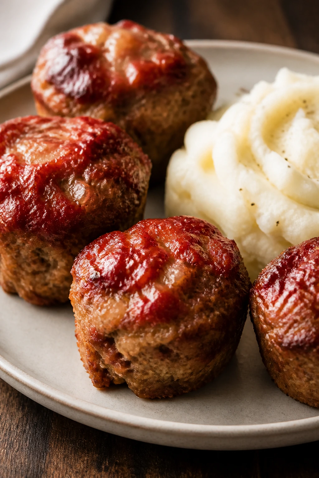 Close-up of meatloaf muffins with mashed potatoes on a plate