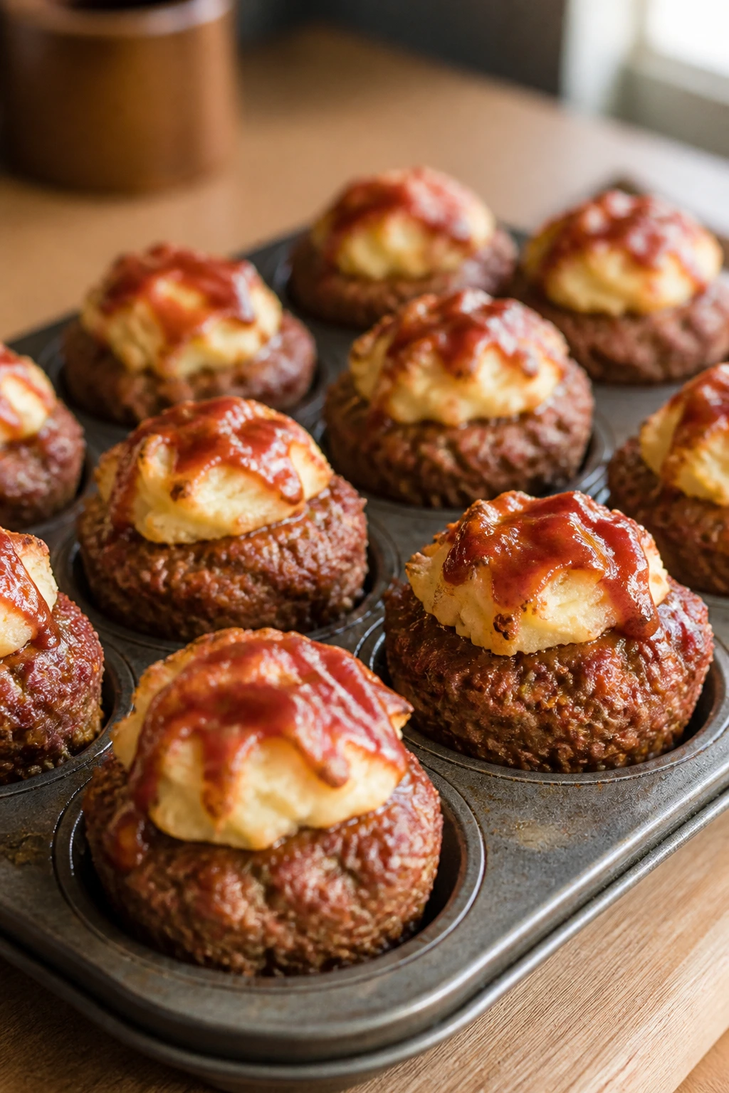Close-up of meatloaf muffins with mashed potatoes and ketchup glaze in muffin tin on wooden counter