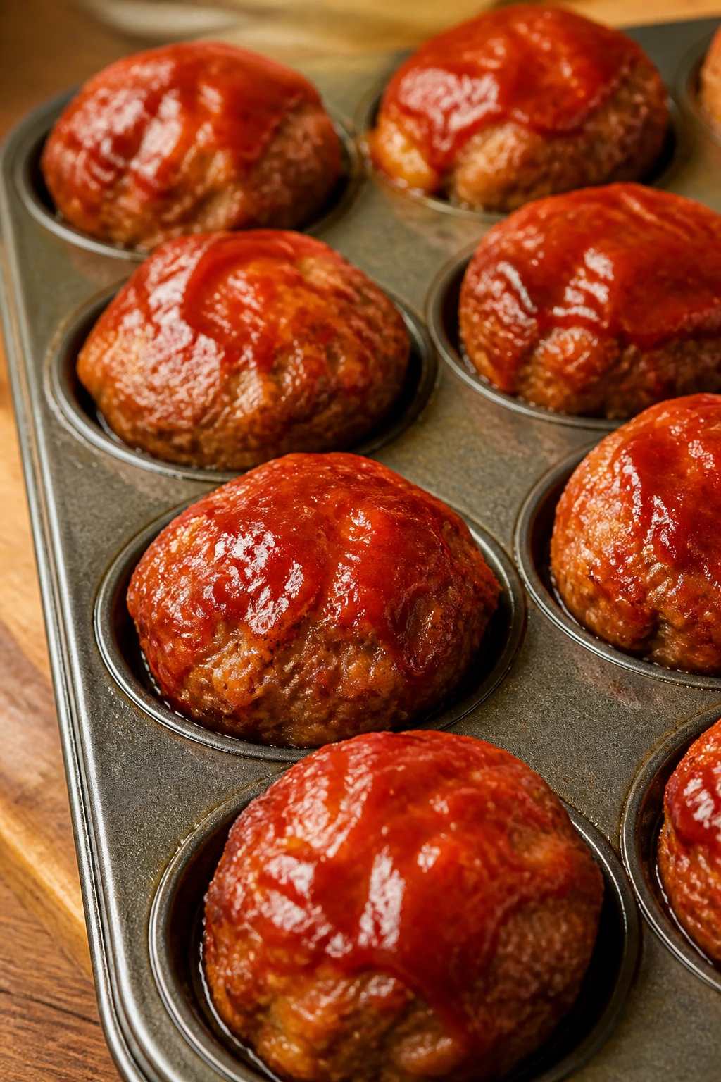 Close-up of mini meatloaf muffins in a muffin tin on a warm kitchen counter