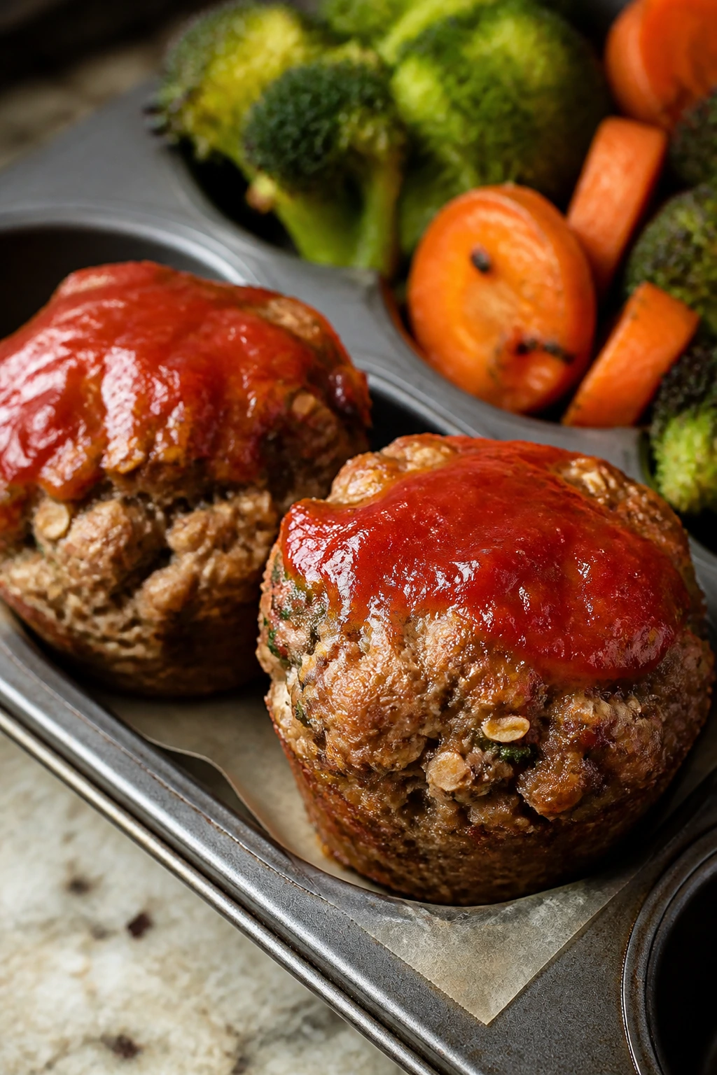 Close-up of meatloaf muffins with oats and glaze on a baking surface