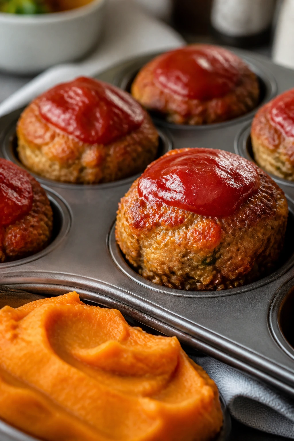 Close-up of turkey mini meatloaf muffins with sweet potato mash on a rustic counter