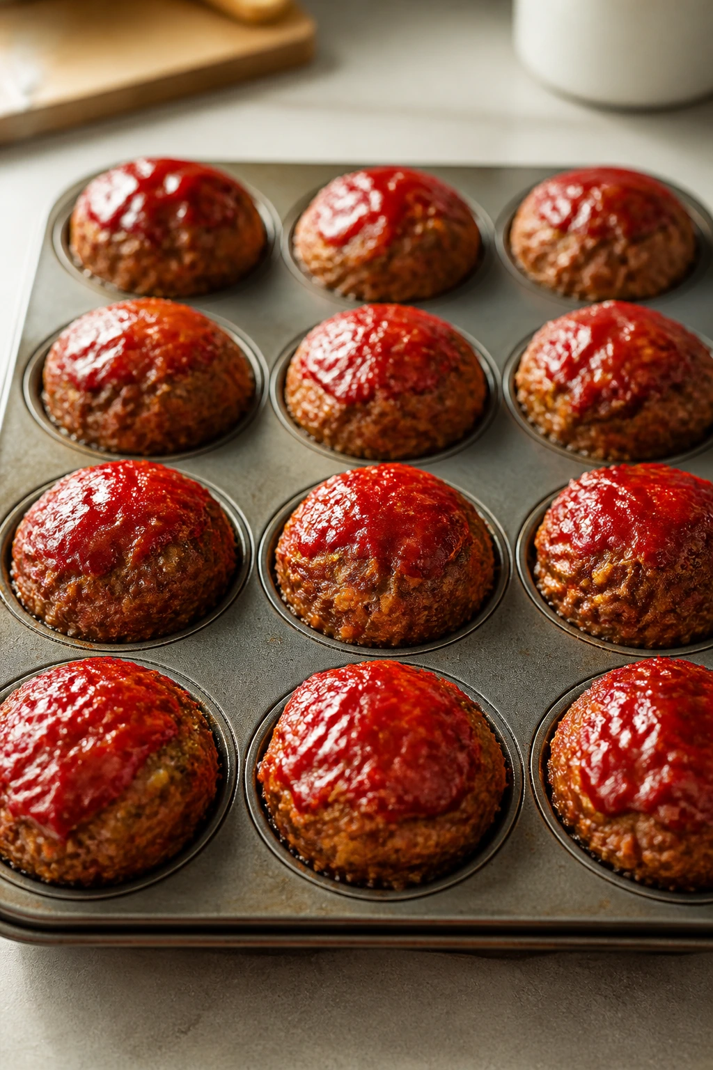 Meatloaf muffins in muffin tin with glossy glaze