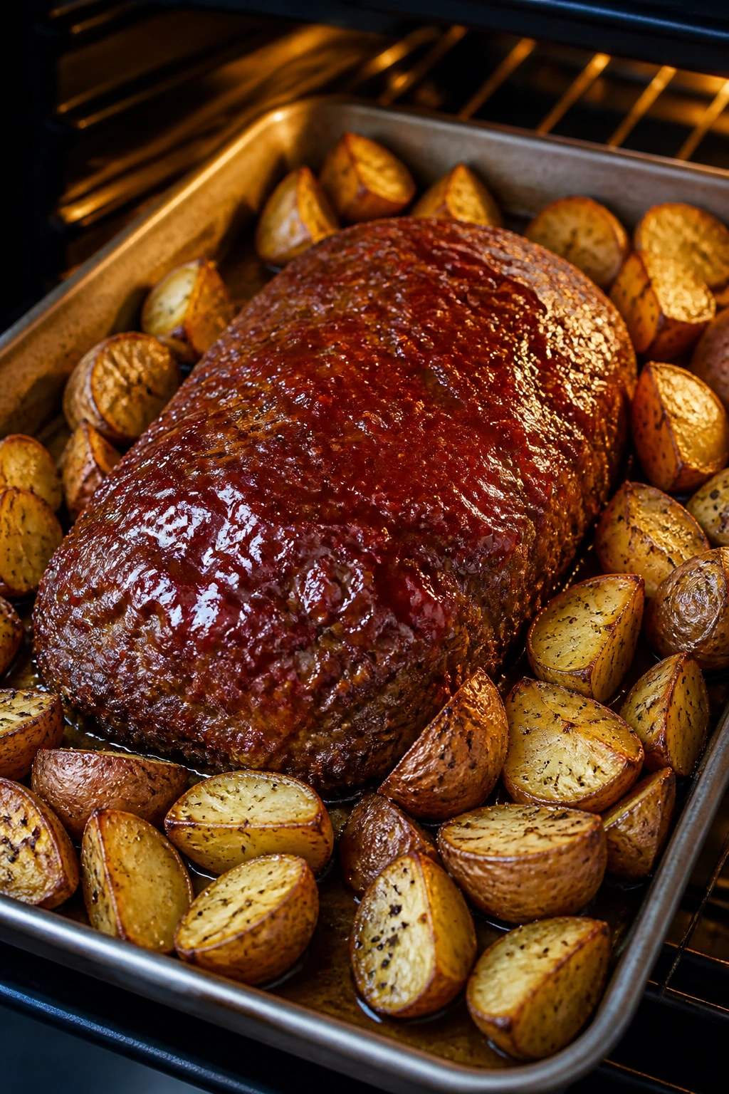 Meatloaf with roasted potatoes in pan