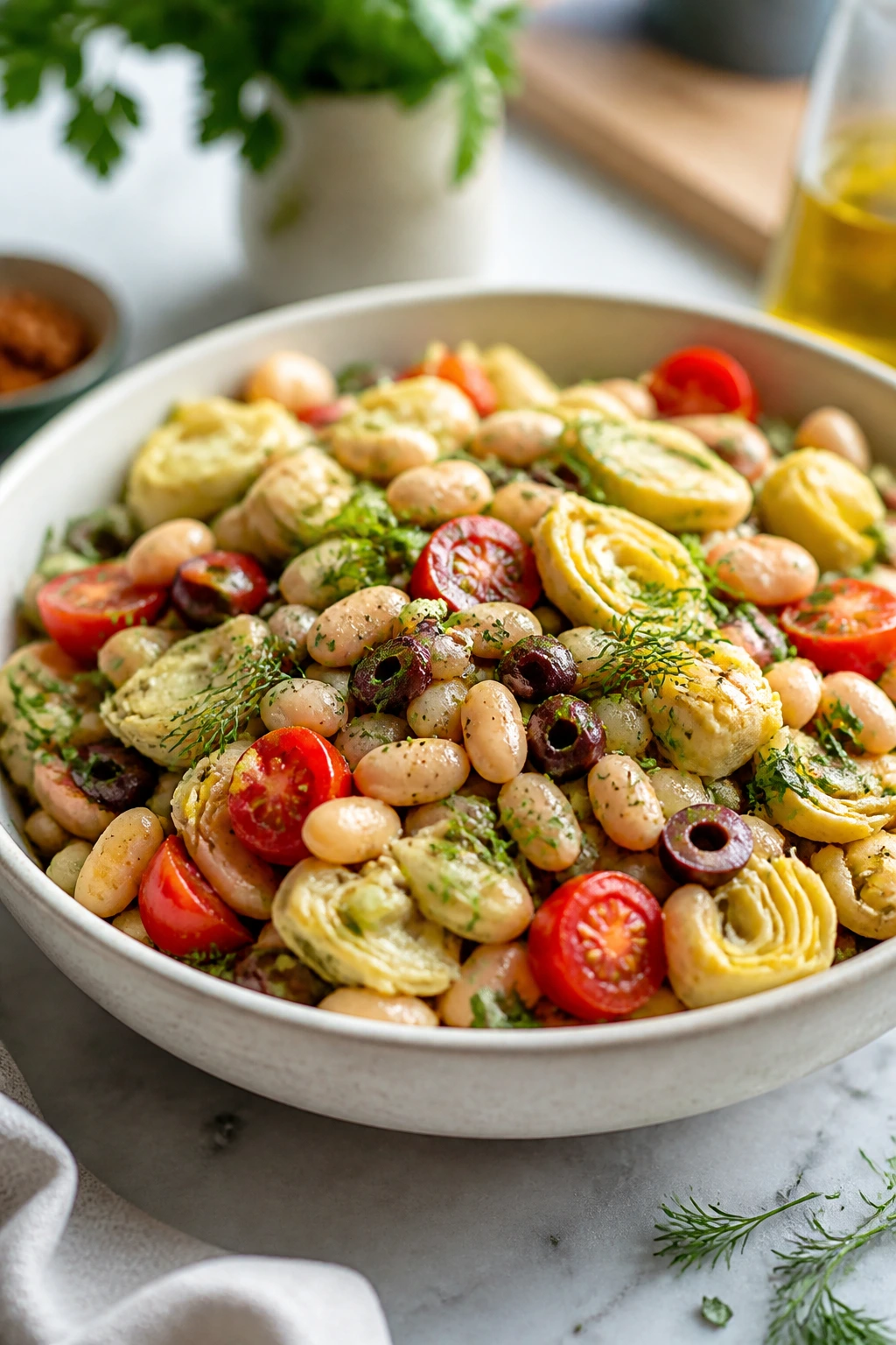 White bean salad with varied toppings like tomatoes olives and artichokes