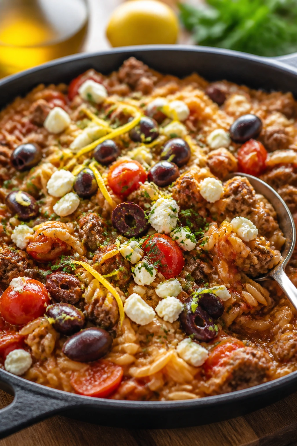 Close-up of Mediterranean Beef Orzo Skillet with orzo and feta