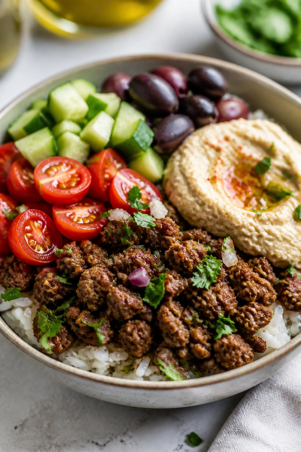 Close-up of Mediterranean beef rice bowl with vegetables